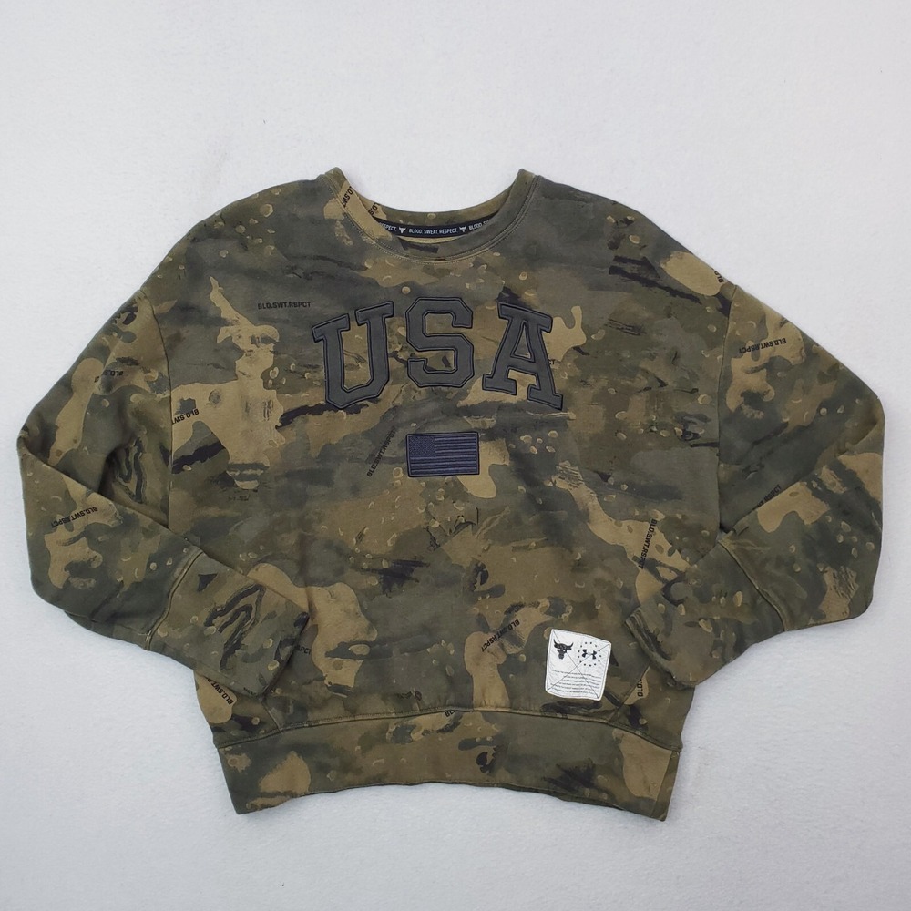 Under Armour Project Rock Sweatshirt Womens Small Green Camo Pullover Oversized